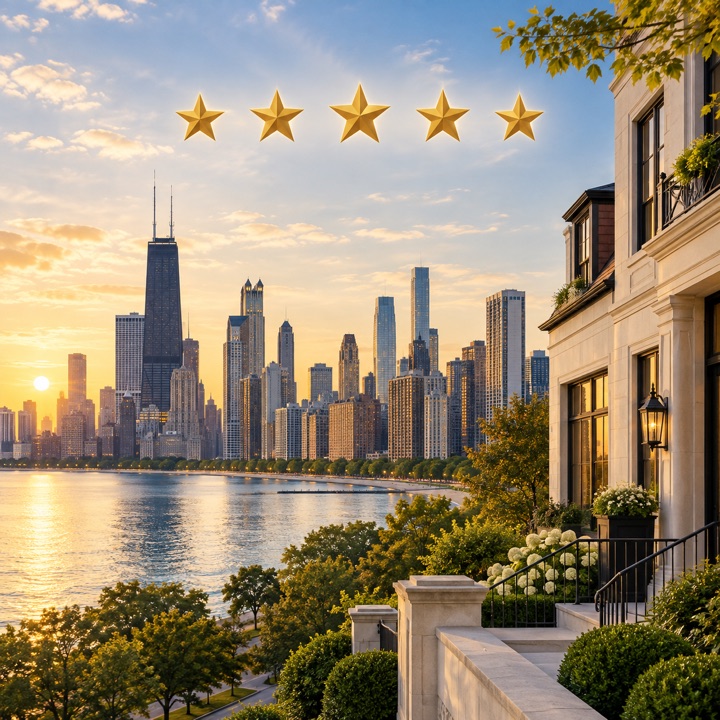 Five gold stars above the Chicago skyline