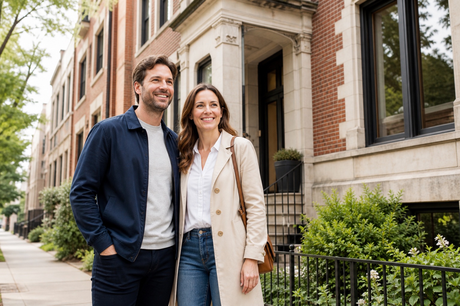 A couple standing outside a Chicago residential building