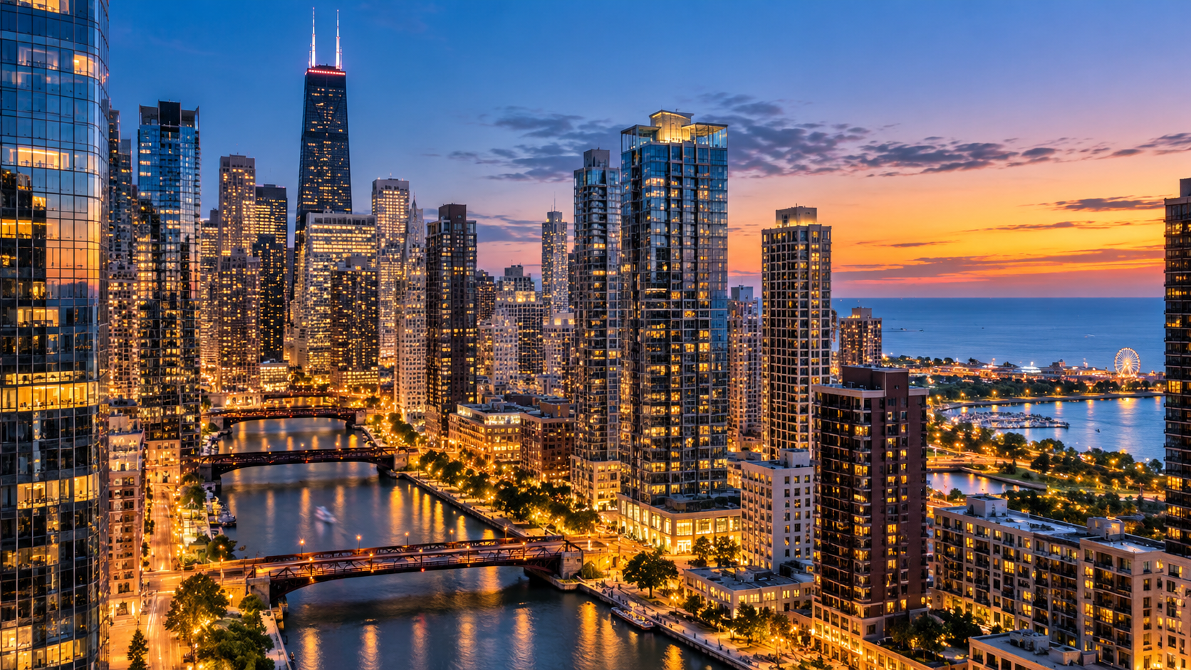 Chicago skyline, river, and lakefront illuminated at twilight