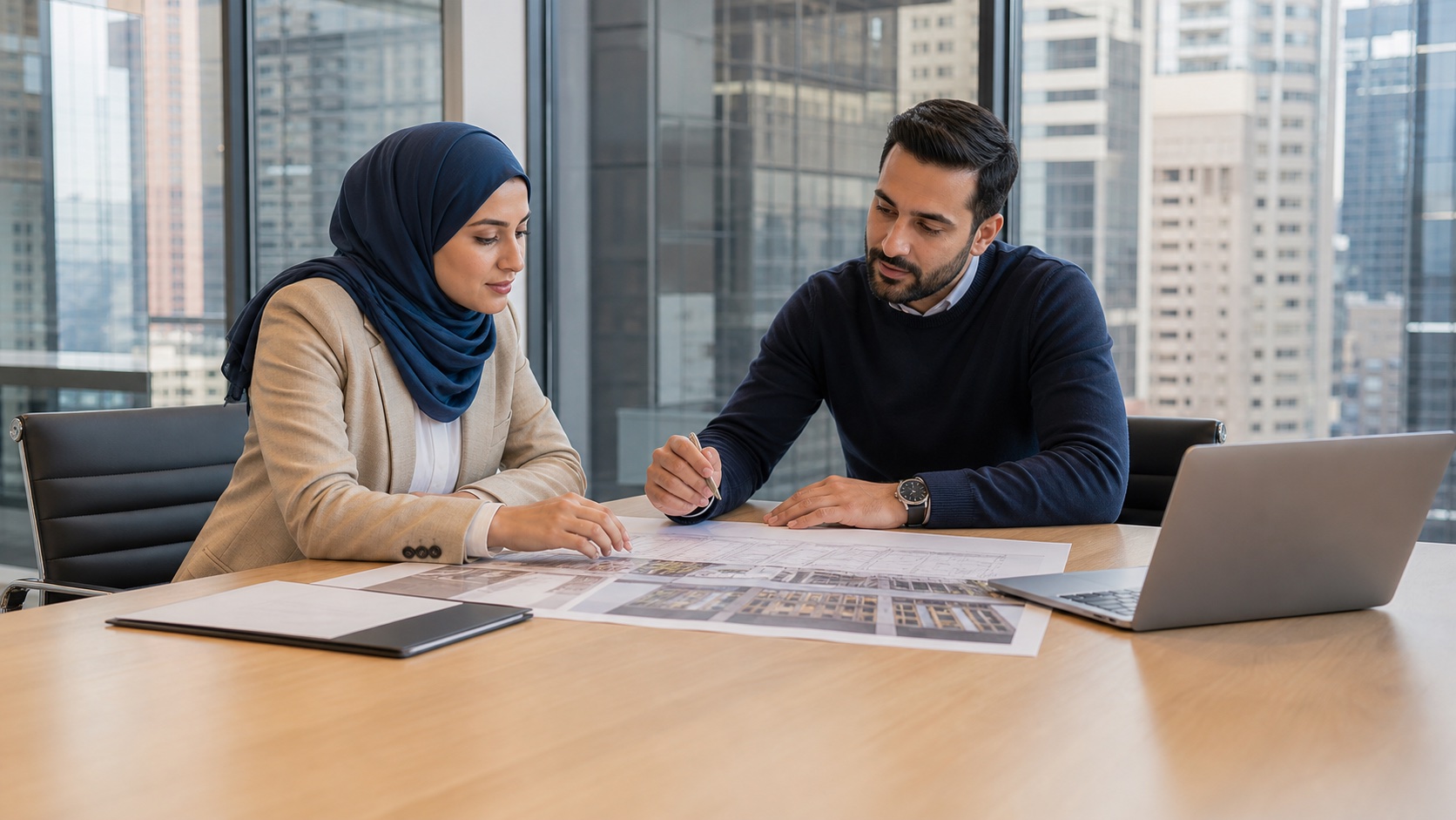 A Muslim couple discussing a real estate investment in a conference room