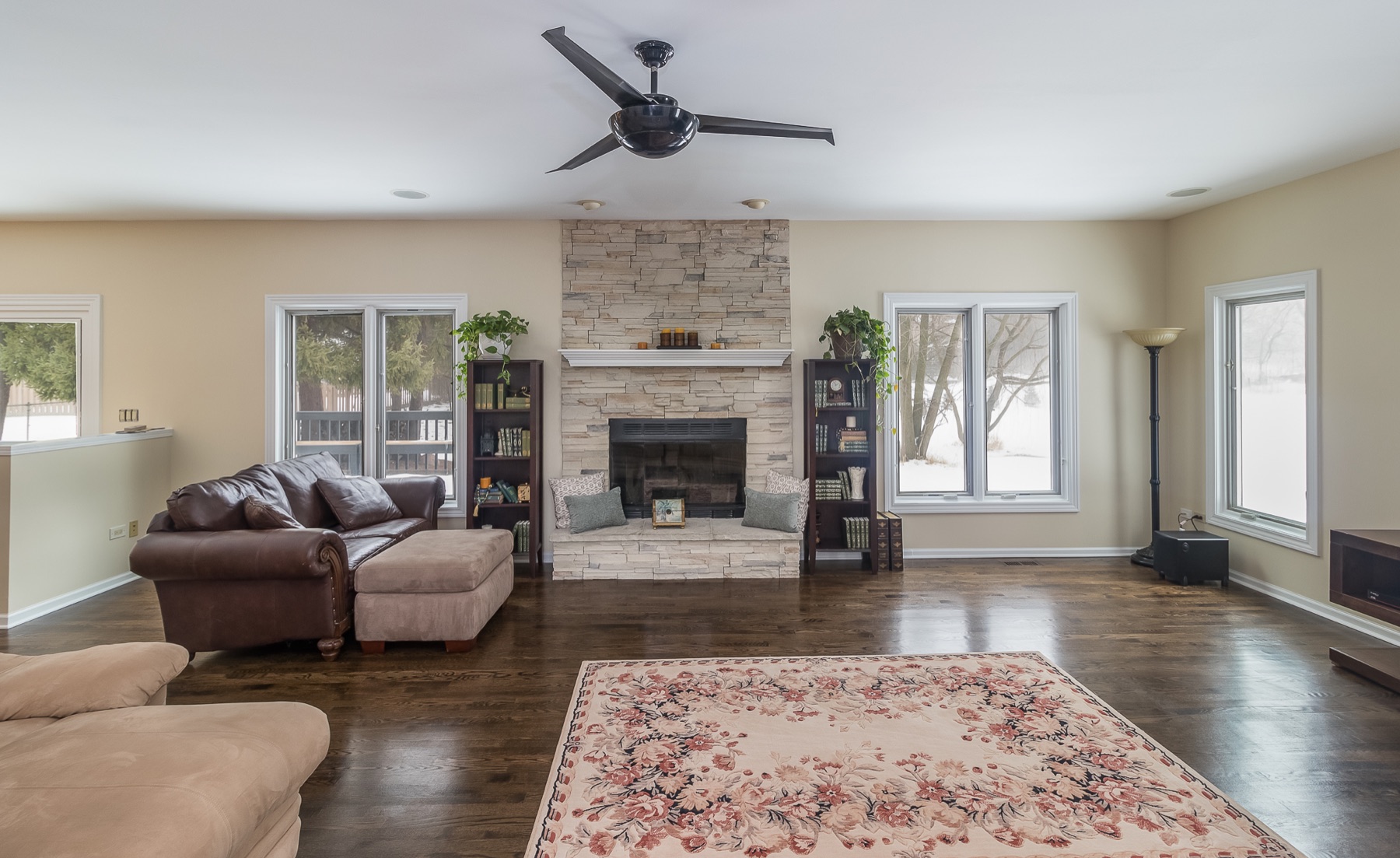 Completed Lombard renovation — Family room and stone fireplace