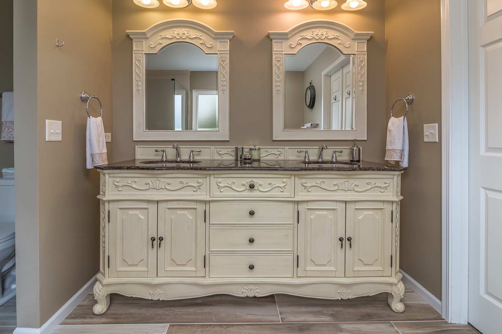 Completed Naperville master bath renovation — Double vanity and symmetrical mirrors