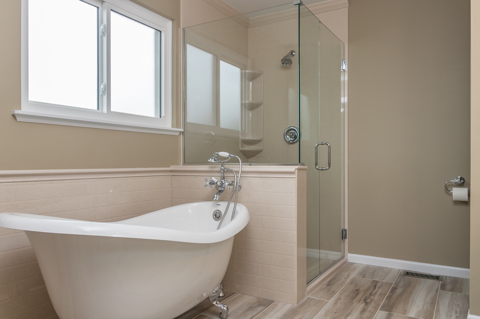 Completed Naperville master bath renovation — Tub, shower, and natural light