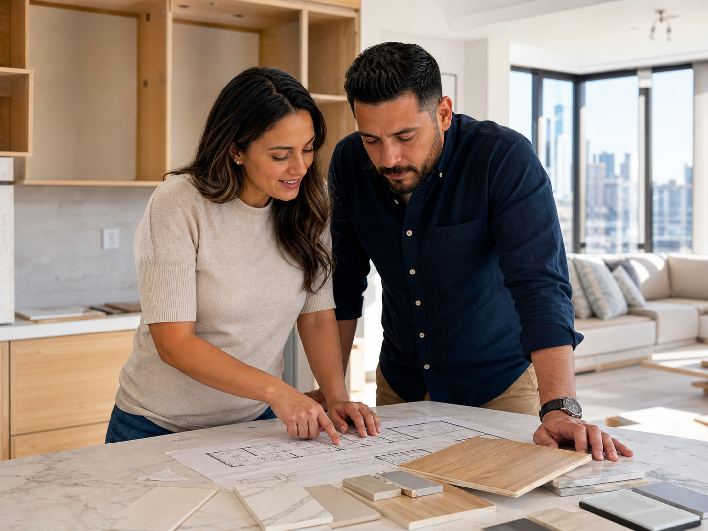A Latino couple reviewing renovation plans and material samples in a Chicago condo