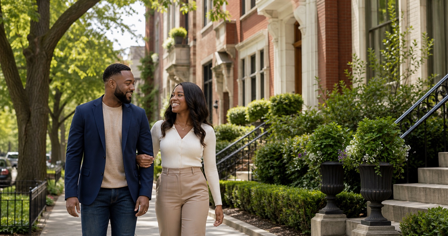 A Black couple walking along a residential street in Lincoln Park
